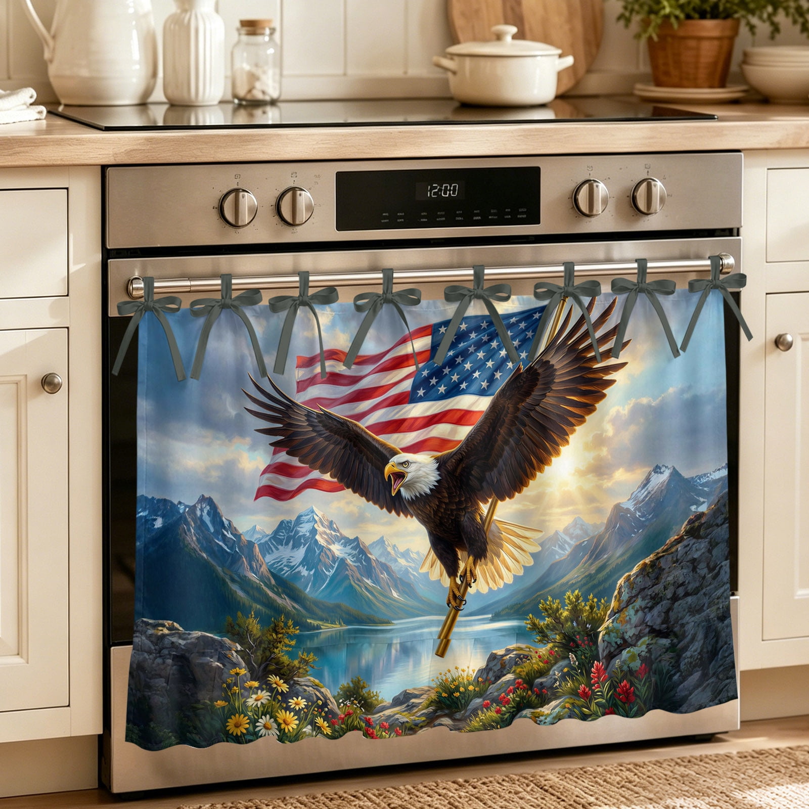 Eagle American Flag Oven Skirt for Farmhouse Kitchen D&eacute;cor Mountain Flowers Sky Nature Scenery Oven Curtain Tie Top Decorative Stove Skirt Cabinet Dish Washer Curtains with 8 Ribbon Ties 32 x24