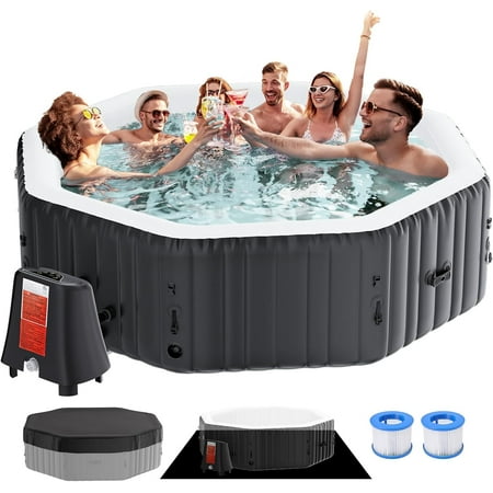 Inflatable Hot Tub 77"X 77"X 25", 4-6 Person Large Polygon Outdoor Spa Blow Up Hottubs with 130 Bubble Jets, Blow Up Air Hot Tub with Heater Pump and Side Table, Insulated Cover, 2 Filter Cartridges