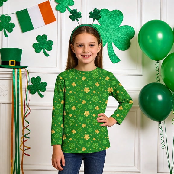 Girls St Patricks Day Shirt 3/4 Sleeve Round Neck Multicolor Shamrock Print Holiday Festival Wear for Kids Little Big Girl,Size 7 T