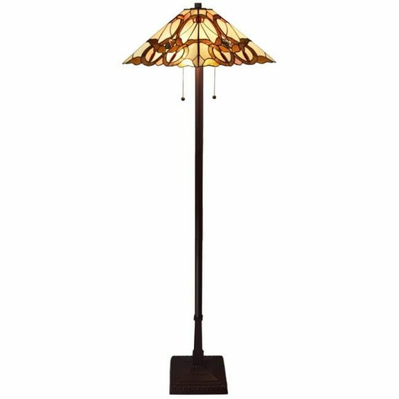 62 in. Two Lights Traditional Shaped Floor Lamp with Brown & White Stained Glass Cone Shade, Brown