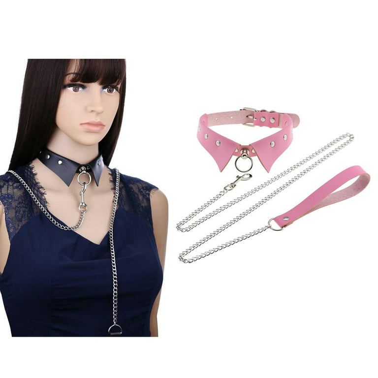 Sexy Women Pink PU Leather Bowknot Traction Rope Metal Link Chain Bell  Pendant Punk Collar Choker
