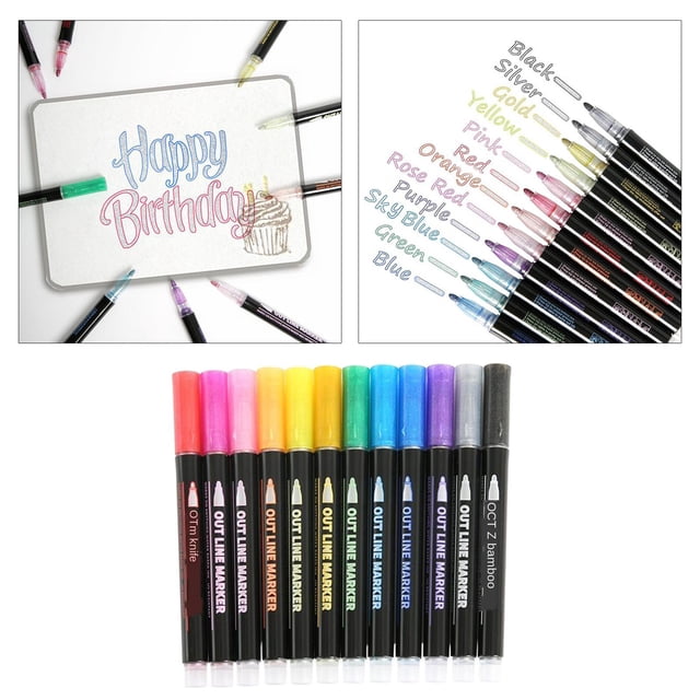Rotuladores metálicos con automático de 12 colores, bolígrafo de doble línea para escribir, dibujar y , rotuladores permanentes perfecl Plumas de contorno de doble línea