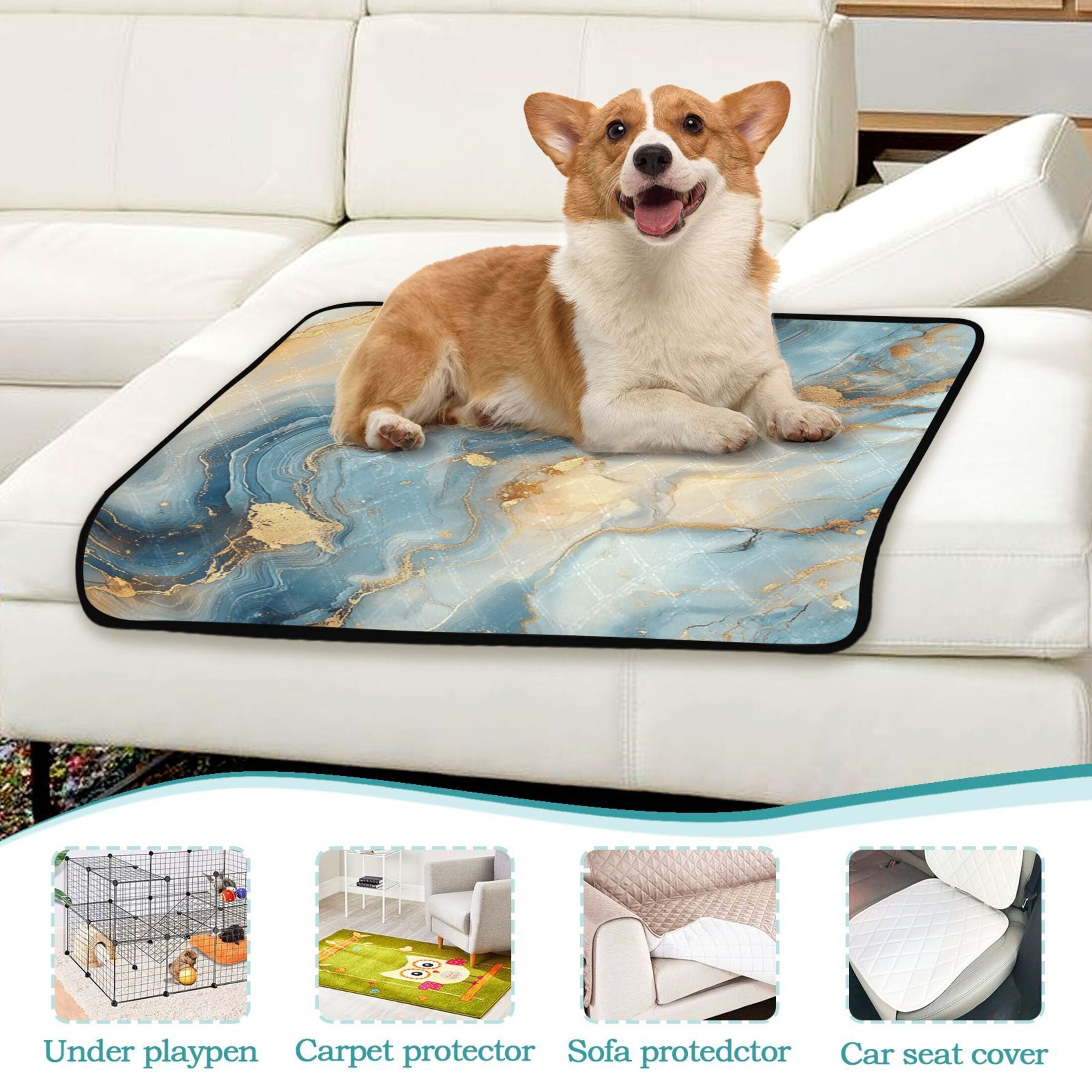 Qxltty Gilt Cyan Pattern Cat litter Pads Pet Set of 3 Diaper Mats Center Anti-leakage Layer Absorbent Soft and Comfortable