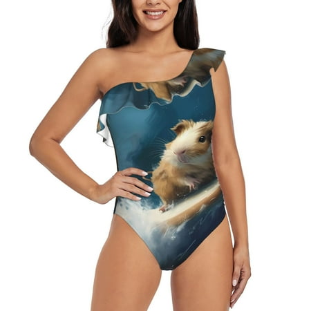 Uemuo Surfing Guinea Pig Print Women s One Piece Swimsuit Asymmetrical Neck Bathing Suit One Shoulder Side Cutout Ruffle Swimwear-Large