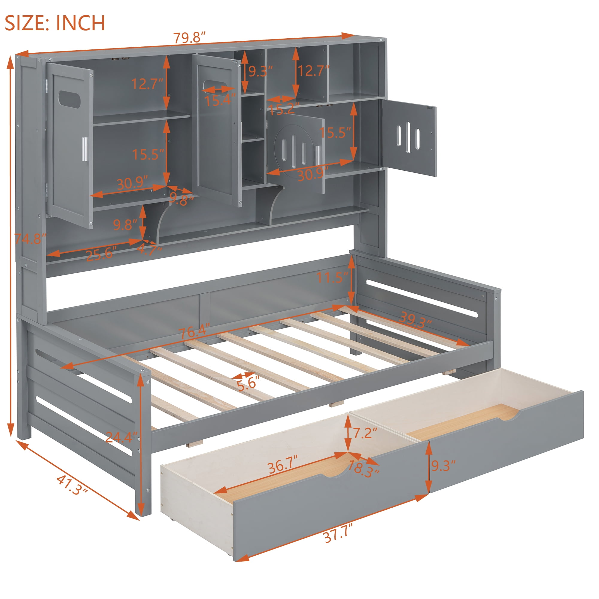 Mintazer Twin Platform Bed with Side Bookcase & 2 Drawers and 2 Cabinets, All-in-One Wood Storage Daybed Frame for Kids Teens Bedroom Guest Room, Grey