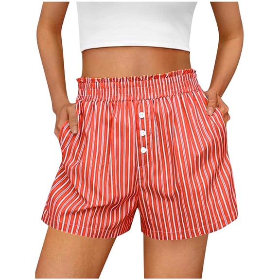 TEAJOPSUU Womens Striped Shorts Ruffle Elastic Waist Button Shorts with Pockets Cute Boxer Bottoms Daily Casual Pajamas Red