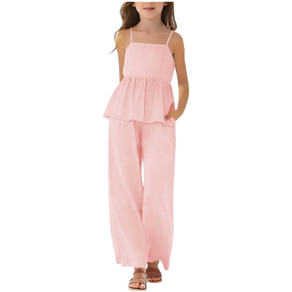 OGLCCG Girls Two Piece Outfits 2 Piece Linen Camisole Tank Top and Long Pants Set Teen Kids Trendy Beach Clothes Sets 3-14 Years