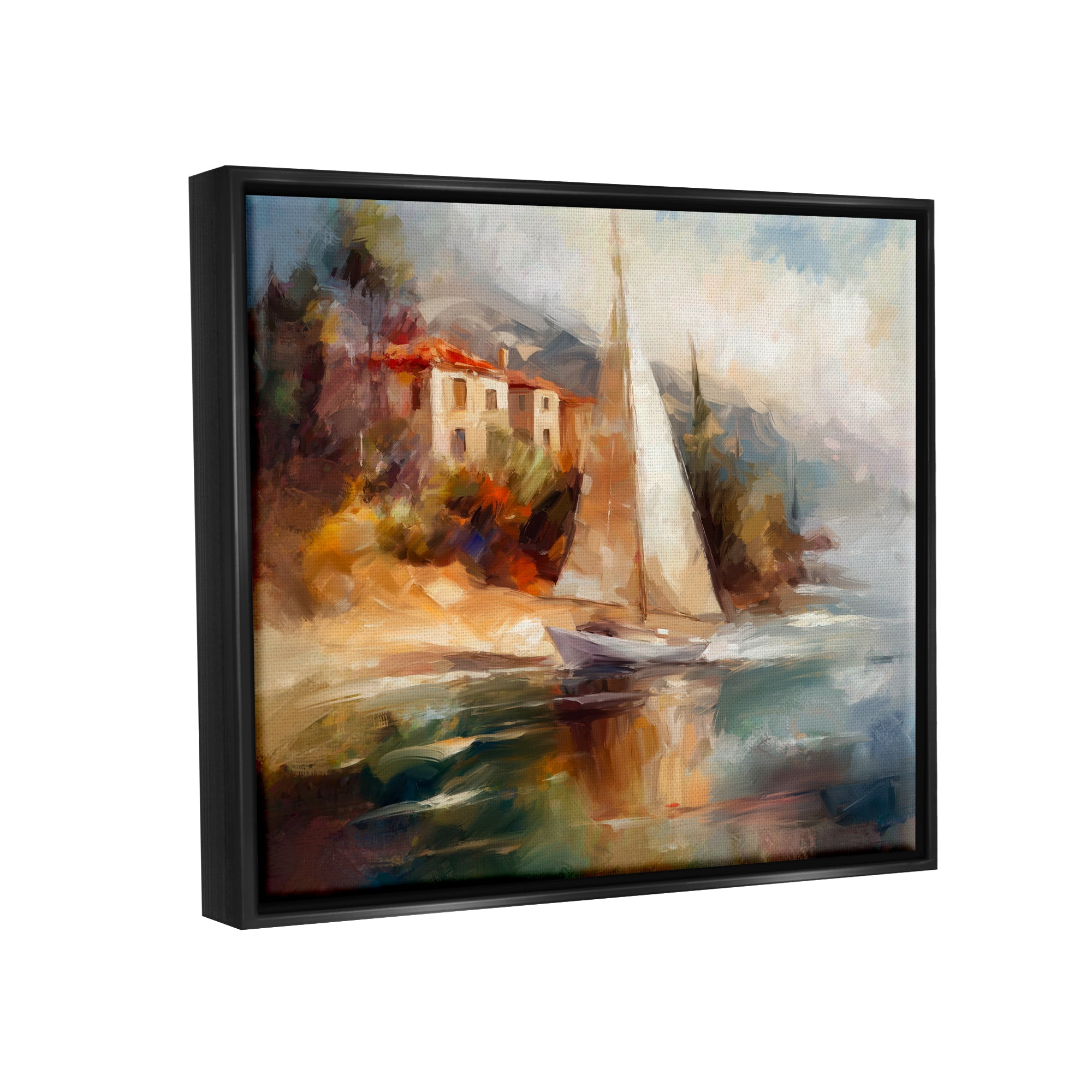 Stupell Industries Sailboat by Town Shore Transportation Painting Black Floater Framed Art Print Wall Art, 31 x 25