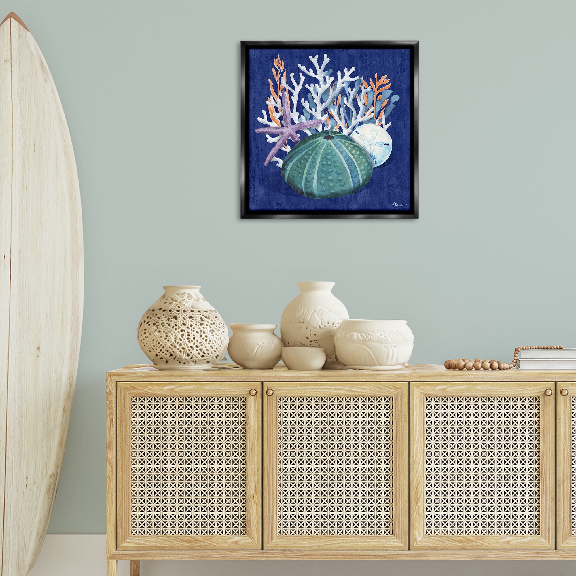 Stupell Industries Monterey Urchin & Coral Coastal Painting Black Floater Framed Canvas Art Print Wall Art, 25 x 25