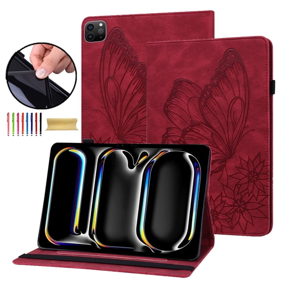 Allytechgroup iPad Pro 13 Case Cover, Stylish Big Butterfly Design PU Leather Smart Cover Auto Sleep Wake Pencil Holder Flip Stand Shockproof Bumper Case for Apple iPad Pro 13" 2024 M4, Red