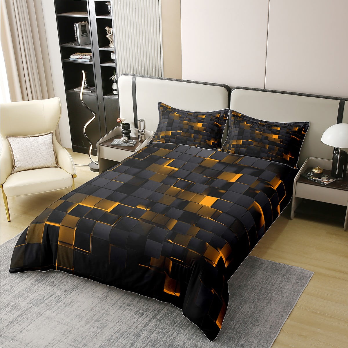 Erosebridal Orange and Black 100% Cotton Comforter Cover Twin Neon Geometric Checkered Bedding Set Teen Men,Stereoscopic Grid Plaid Duvet Cover Glowing Square Bed Set Modern Room Decor