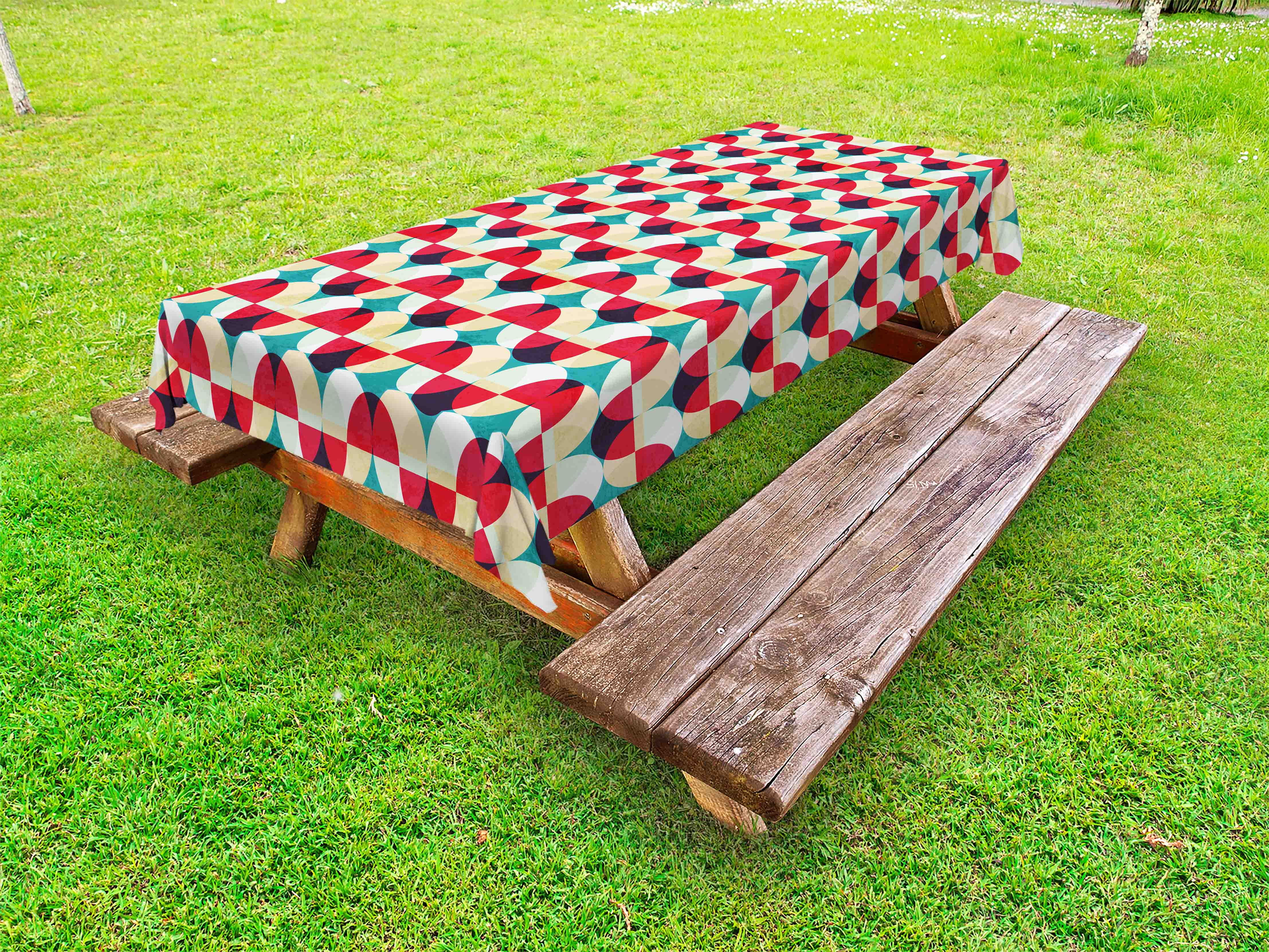 Vintage Outdoor Tablecloth, Retro Geometrical Modern Design with