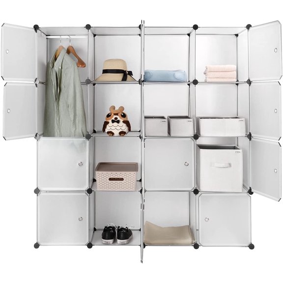 Garde-robe Portable à 16 Cubes, Organisateur de Garde-Robe avec Tringle, Étagères de Rangement en Cubes en Plastique Bricolage Armoire de Chambre Bibliothèque