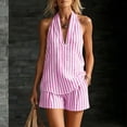 thumbnail image 4 of Women's Striped V Neck Two-Piece Set Outfit Sleeveless Top And Stretch Waist Shorts Set Summer Vacation Set, 4 of 9