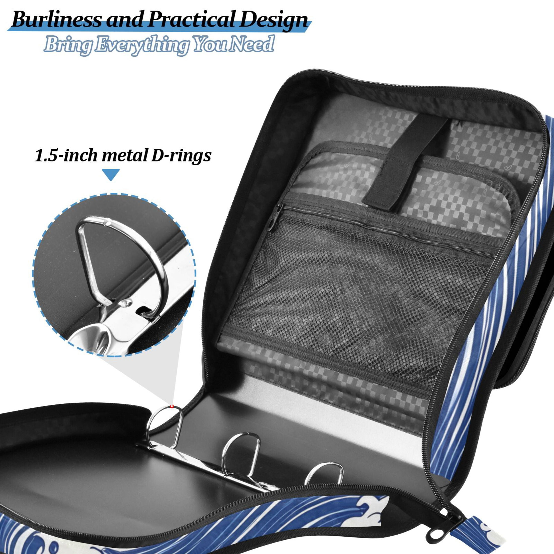 3 Ring Zipper Binder with Shoulder Strap Waterproof Trapper Keeper 2 Inch D-Ring 500 Sheets Capacity Blue White Wave
