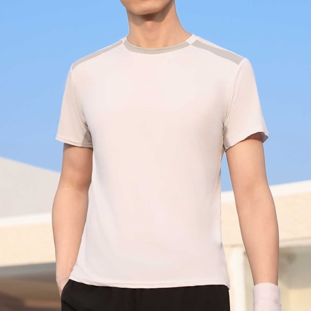pstuiky camisetas para hombre, Blusa deportiva informal de color liso con cuello redondo y manga corta elástica para hombre camisas casuales para hombre xl
