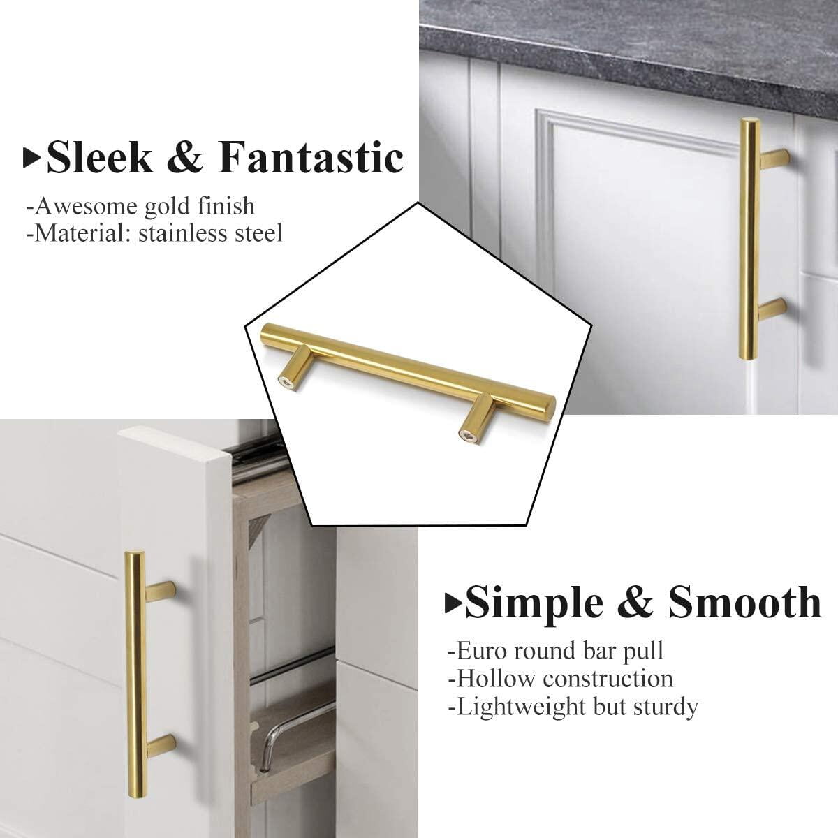 Leyfeng Handles, 30 Pack 4 Inch Hole Centers Kitchen Cabinet Pulls Drawer Dresser Handles, Modern Euro Round T Bar Stainless Steel Kitchen Bathroom Cabinet Hardware