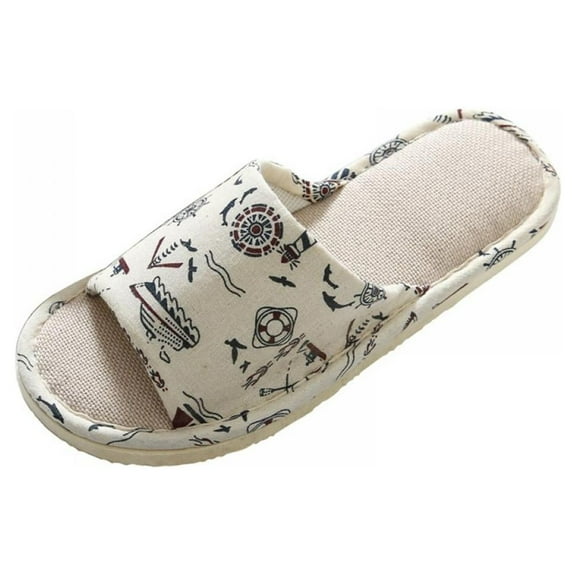 Women Slippers Soft Open Toe Anti-Slip Indoor Outdoor Print Linen Casual Home Shoes