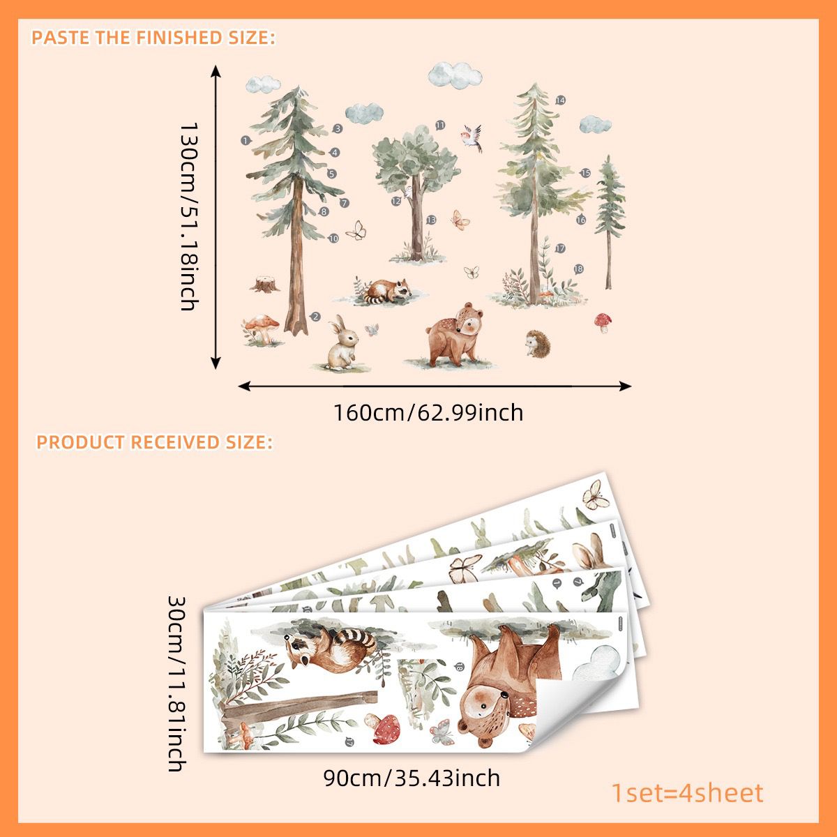 Large Jungle Animals Forest Tree Wall Decal bear  wall DIY Peel and Stick Woodland Hedgehog Stickers DIY Removable Jungle Giant Mountain Art for Bedroom Nursery Room Living Room Playroom
