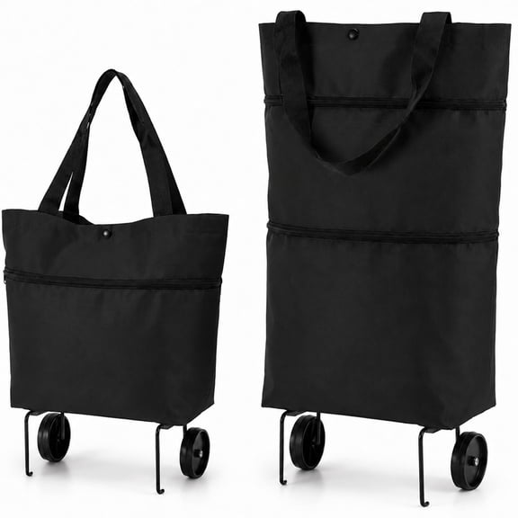2-in-1 Foldable Shopping Cart with Wheels, Rolling Grocery Tote, Expandable Reusable Cart for Groceries, Farmers Markets, Laundry and Everyday