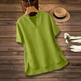 thumbnail image 4 of Olyvenn Cotton Linen Shirts for Women 2026 Summer Casual Short Sleeve V Neck Split Hem Tops Loose Work Beach Party Blouses Green S, 4 of 6