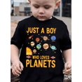 thumbnail image 1 of Boys' Summer Casual Round Neck T-Shirt, Cotton Knit Fabric, Regular Fit, with "Just a Boy Who Loves Planets" Letter Print and Stretch Detail, for Kids, 1 of 7