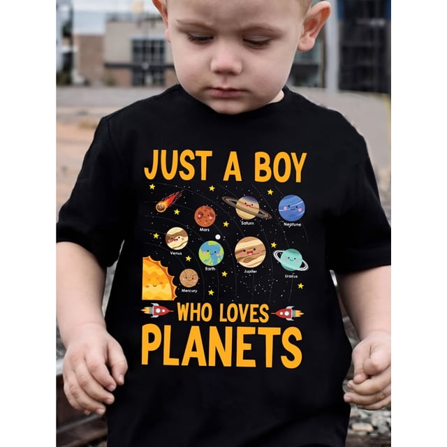 Boys' Summer Casual Round Neck T-Shirt, Cotton Knit Fabric, Regular Fit, with "Just a Boy Who Loves Planets" Letter Print and Stretch Detail, for Kids