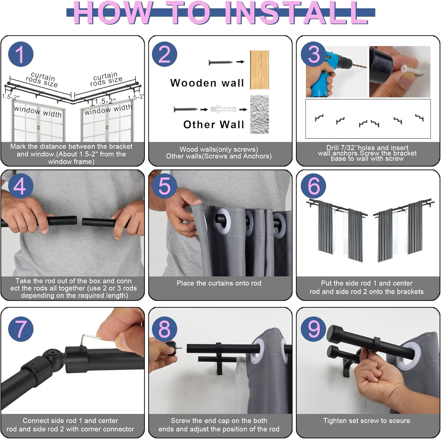 Black Double Corner Window Curtain Rods with Aluminum End Cap Finials and Brackets,1 Inch Diameter Dual Bay Window Curtain Rods, Adjustable 2 Sided 36-72 Inch Double Drapery Rod