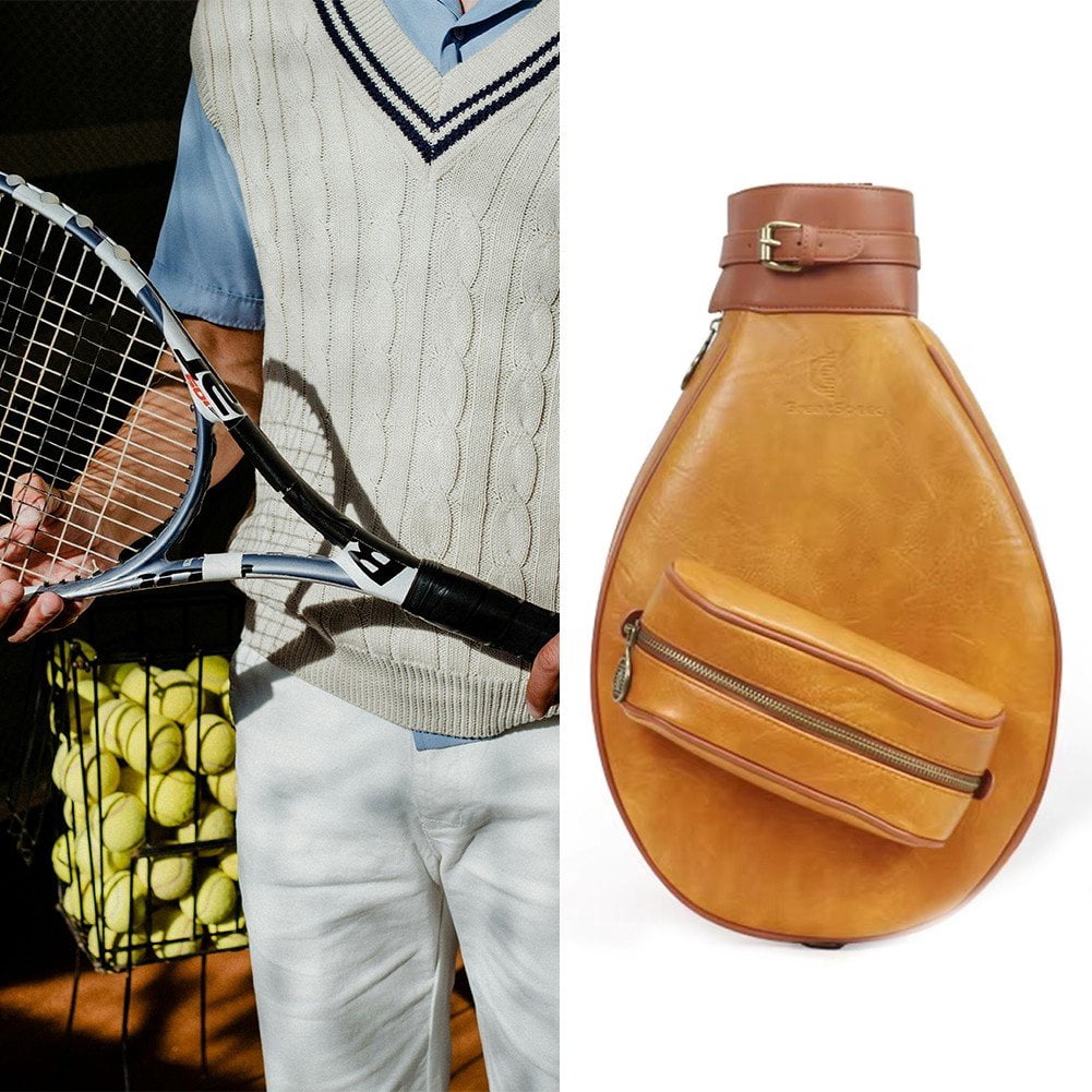 Jiibva Badminton Racquet Crossbody Bag Leather Tennis Sports Shoulder Bag Can Accommodate 2 Rackets Storage Bag Tennis Racket Bag Handbag for Women Men