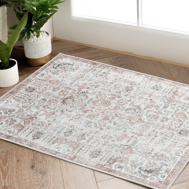 RUGKING Vintage Area Rug 2x3 Red Multi Flodable Retro Distressed Indoor Entrance Rug Floral Non Slip Doormat for Entryway Bathroom Kitchen Bedroom