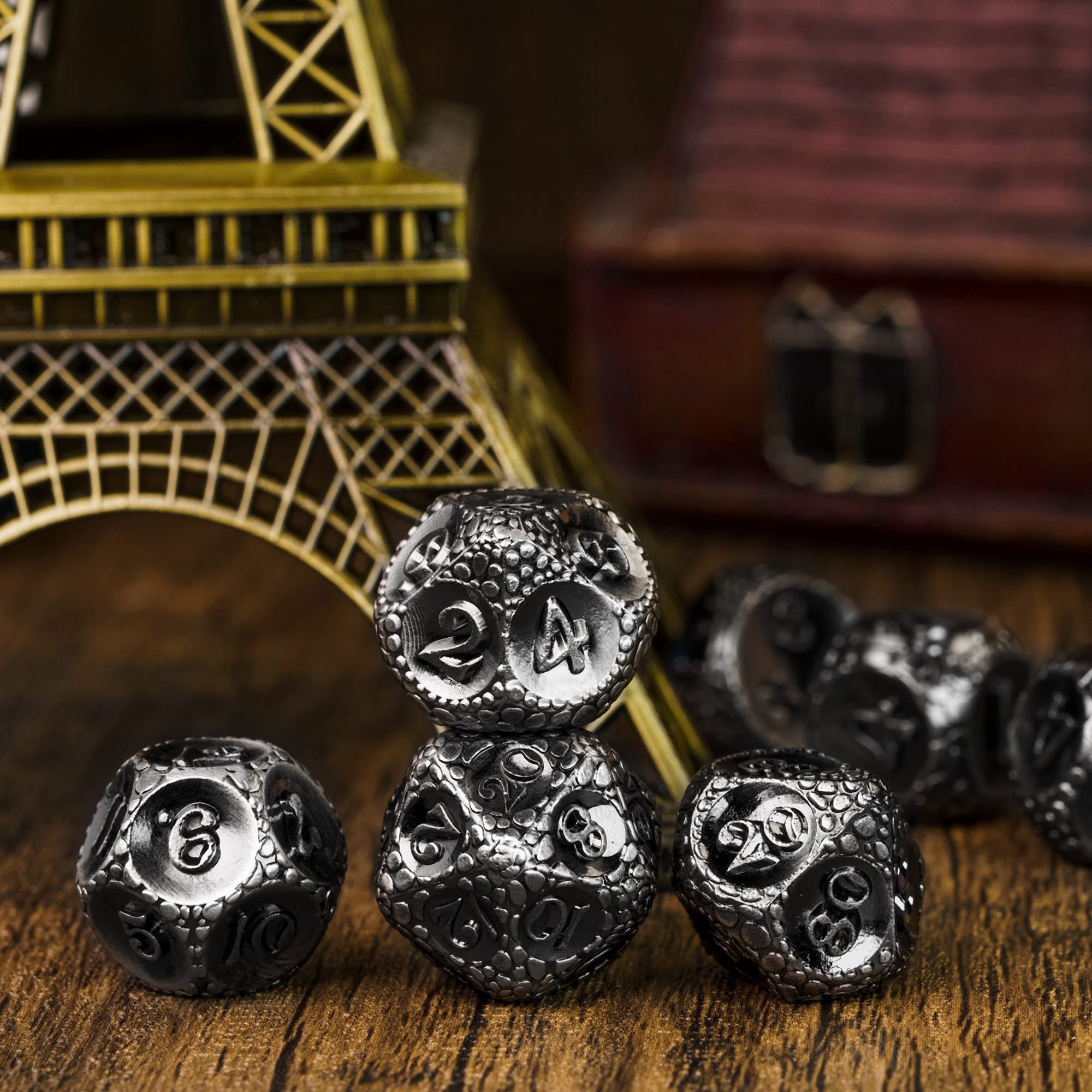 Cusdie 7-Die Metal DND Dice Set, Cobblestone Metal Polyhedral D&D Dice Setfor DND Dungeons and Dragons TTRPG Role Playing Games