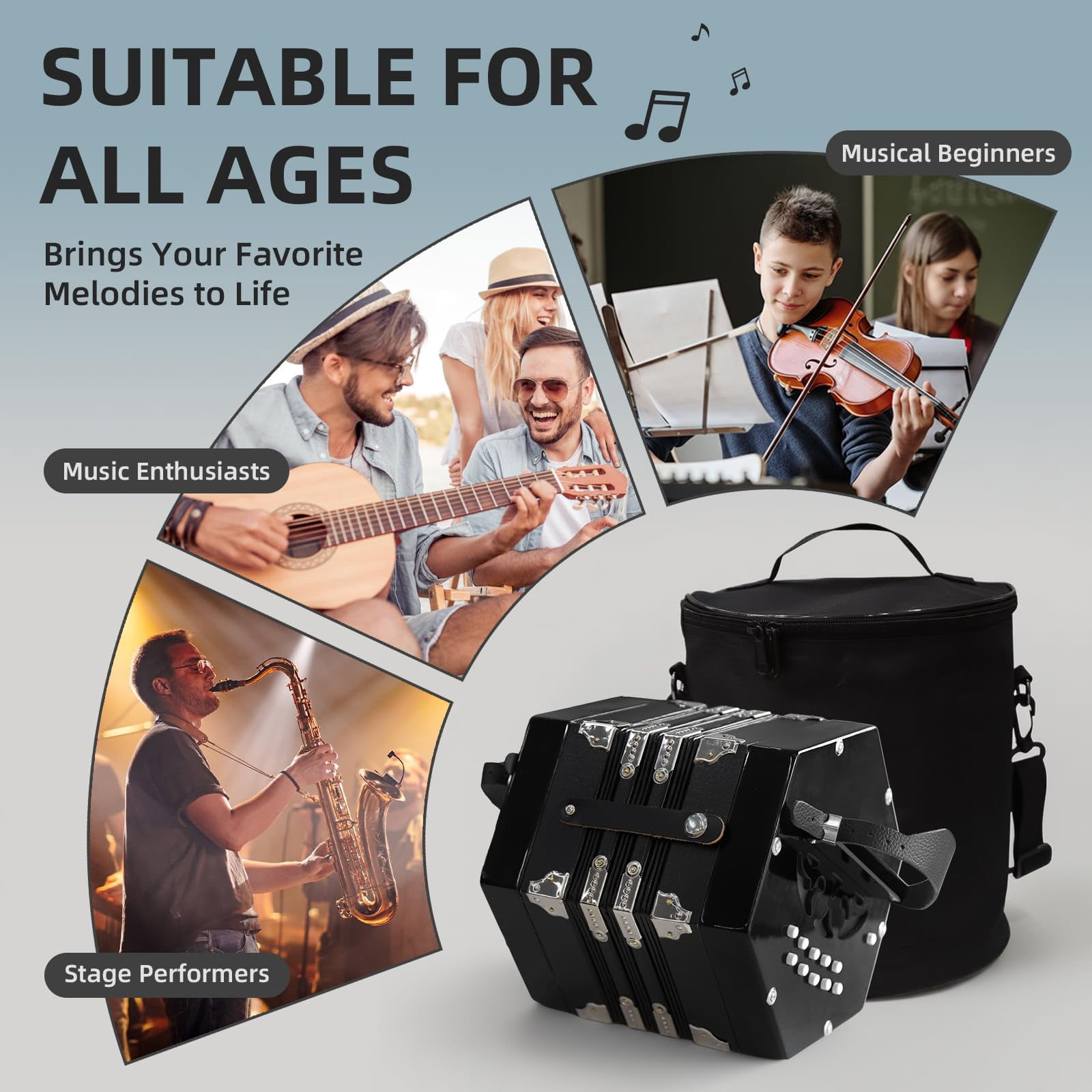 YueChun Concertinas,20-Key Accordion for Adults, Professional Accordion for Beginners, Adjustable Hand Straps, Instrument Accessories (Black)