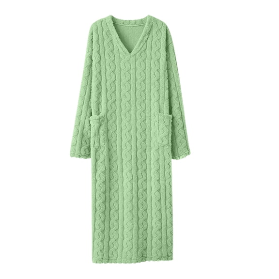 Ozmmyan Womens V Neck Long Sleeve Fleece Robe for Womens Cable Knit Pattern Long Bathrobe with Pockets Soft Warm Loungewear Nightgown