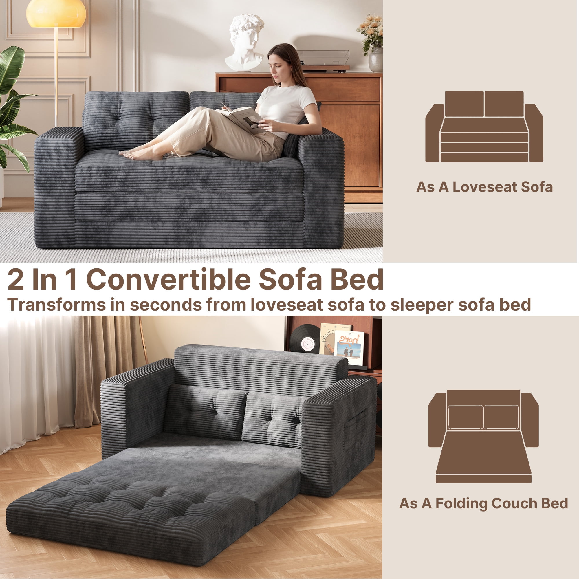 Boneless Loveseat, Lofka 59''Folding Floor Sofa Bed with 2 Pillows & Pockets for Small Spaces, Corduroy Cloud Sofa for Apartment Living Room, Gray