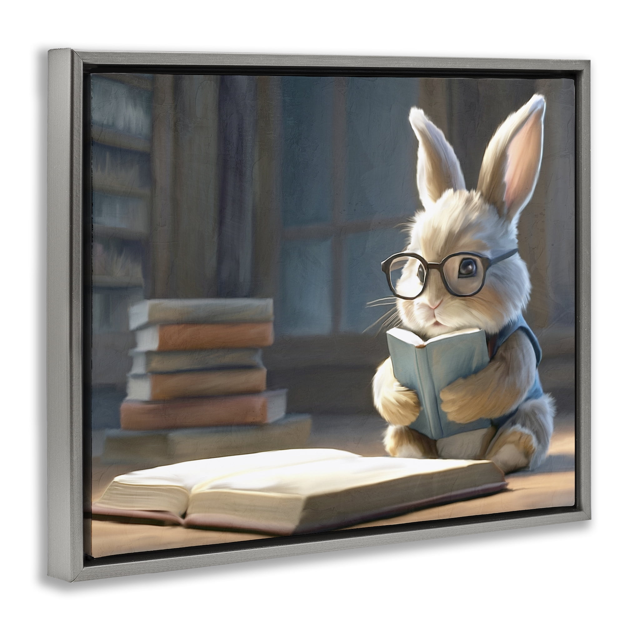 Stupell Industries Bookish Bunny at Desk Gray Framed Floater Canvas Wall Art, design by Kim Allen