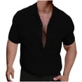 thumbnail image 2 of lkfuzj Men's Casual Solid Color Cuban Collar Turn-down Collar Shirt Short Sleeve Cardigan Blouse Soft Summer Gentlemen's Tops Charming 2024 Mens Tops Black, 2 of 6