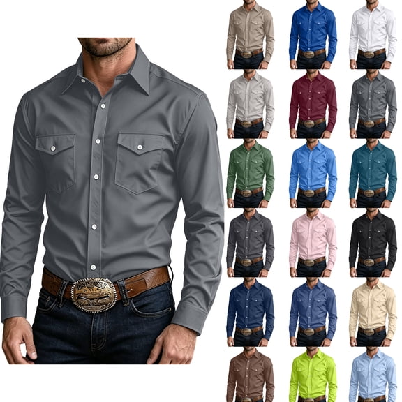 Long Sleeve Button Down Shirt for Men Solid Color Snap Button Down Casual Work Shirt with Double Chest Pockets