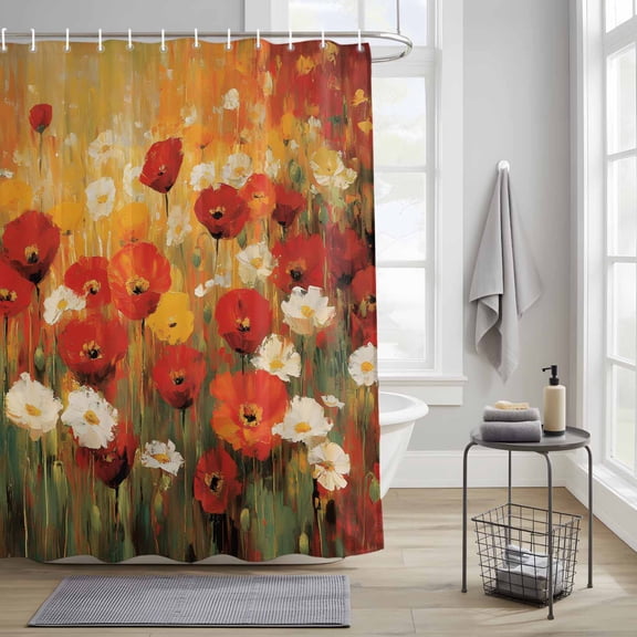 Bathroom Shower Curtain Vintage Watercolor Red White Poppy Waterproof Shower Curtains with Hooks, Pastoral Blossom Flower Bath Curtains Bathtub Curtain Home Decor 36x72in