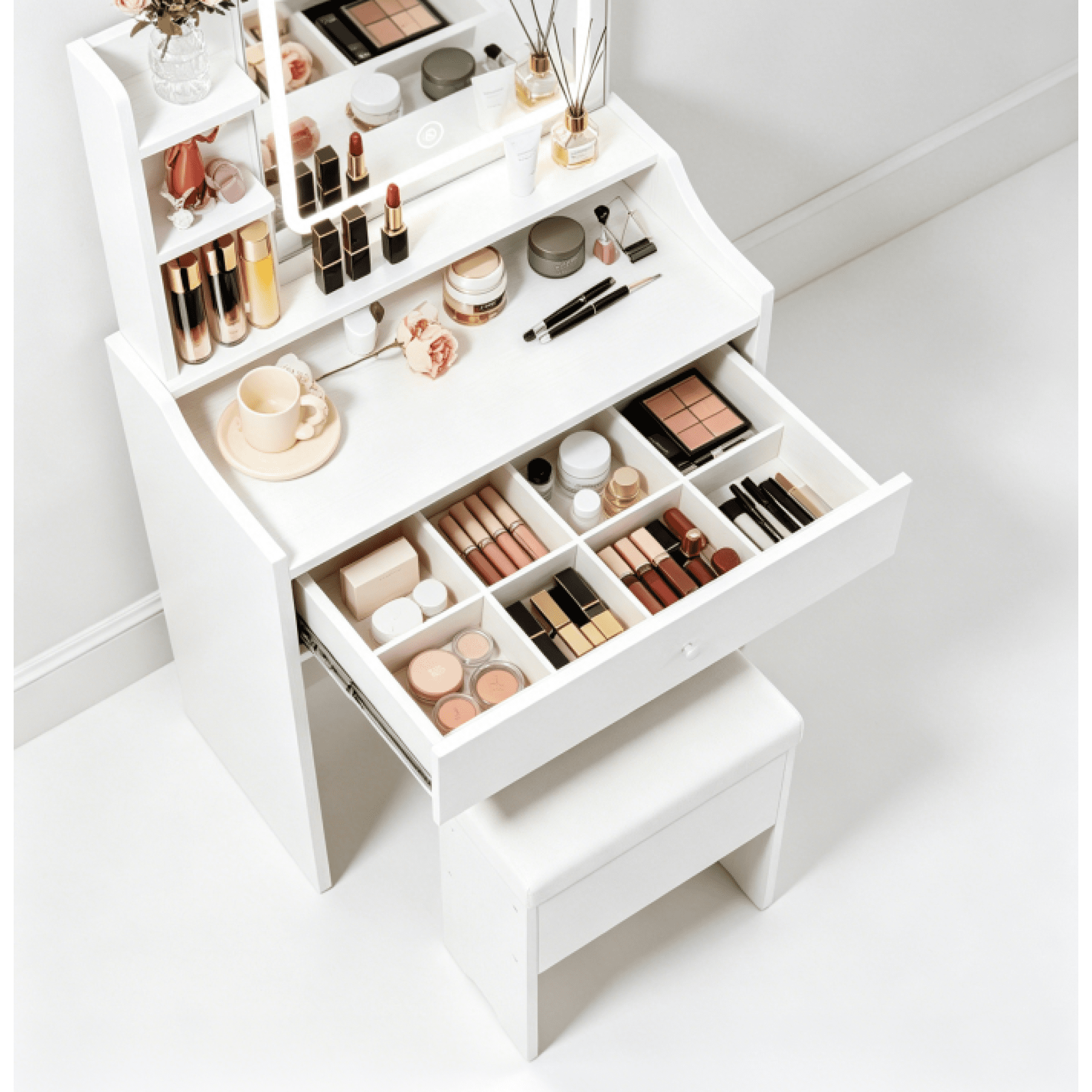 HOQBN White Vanity Set with Mirror and Smart LED,Small Makeup Table Dressing Table with Storage for Apartments,Bedrooms,Living Rooms
