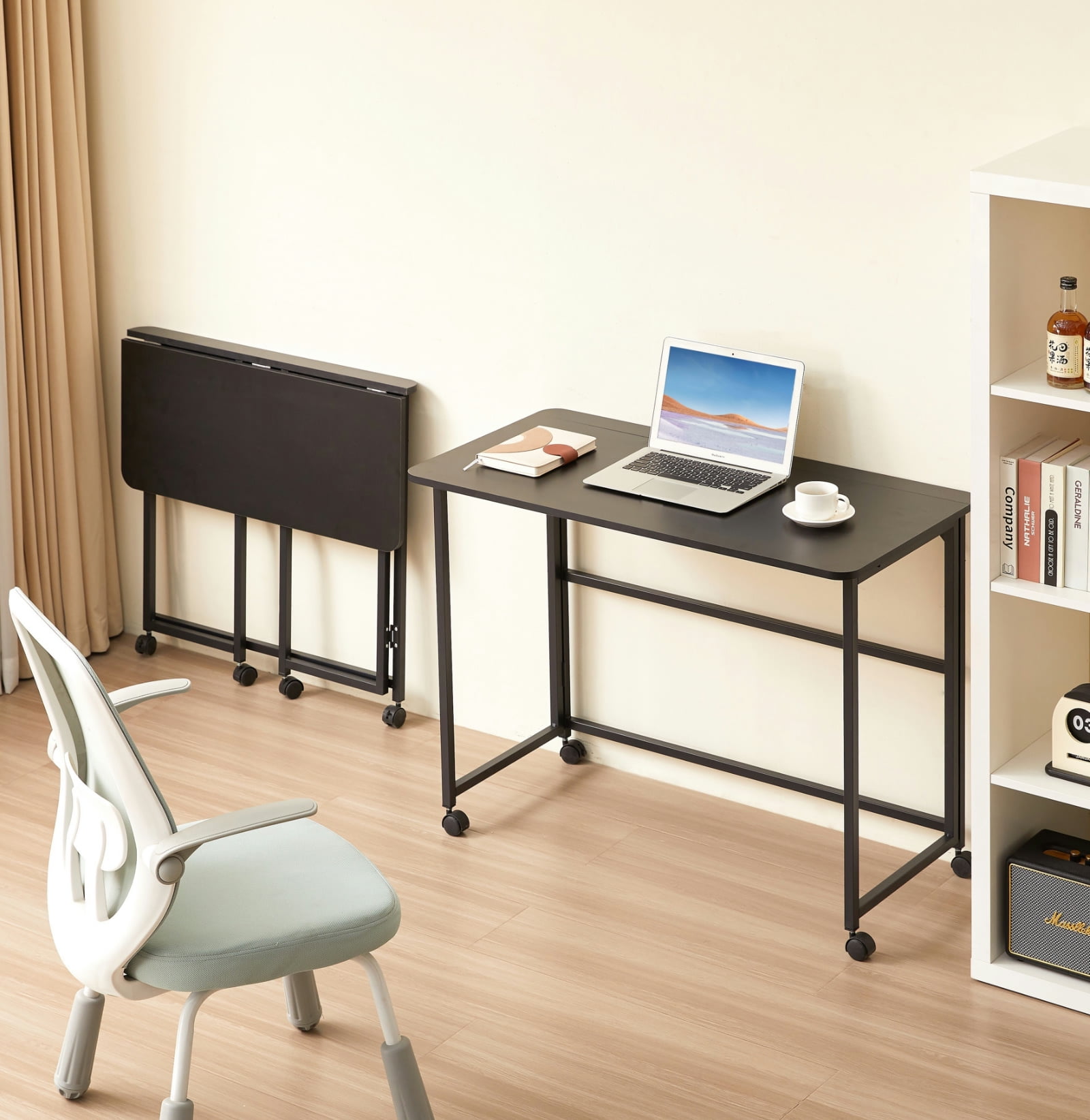Funnil 39.37'' Folding Standing Desk with Rolling Wheels for Small Space, Compact Portable Table Writing Computer Desk in Study, Home Office Foldable Office Desk for Bedroom and Living Room