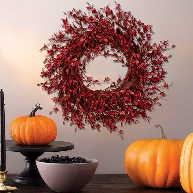 AHMT Couronnes Réalistes d'Automne pour Porte d'Entrée Extérieure, Couronne d'Automne 12 Pouces, Décorations d'Automne pour Maison, Décorations de Vacances d'Halloween pour Mur, Porche, Porte (Rouge)