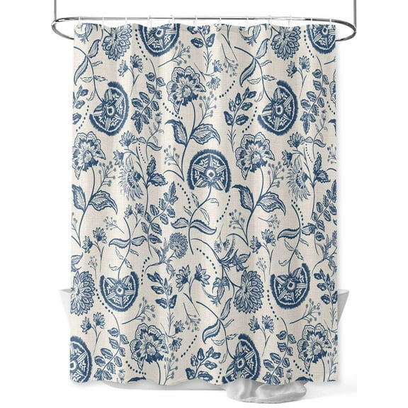 Farmhouse Navy Blue Floral Shower Curtain, Linen Boho Paisley Flower Rustic Waterproof Shower Curtain Set with 12 Hooks Lightweight Washable Fabric Shower Curtains for Bathroom 48x72 Inches