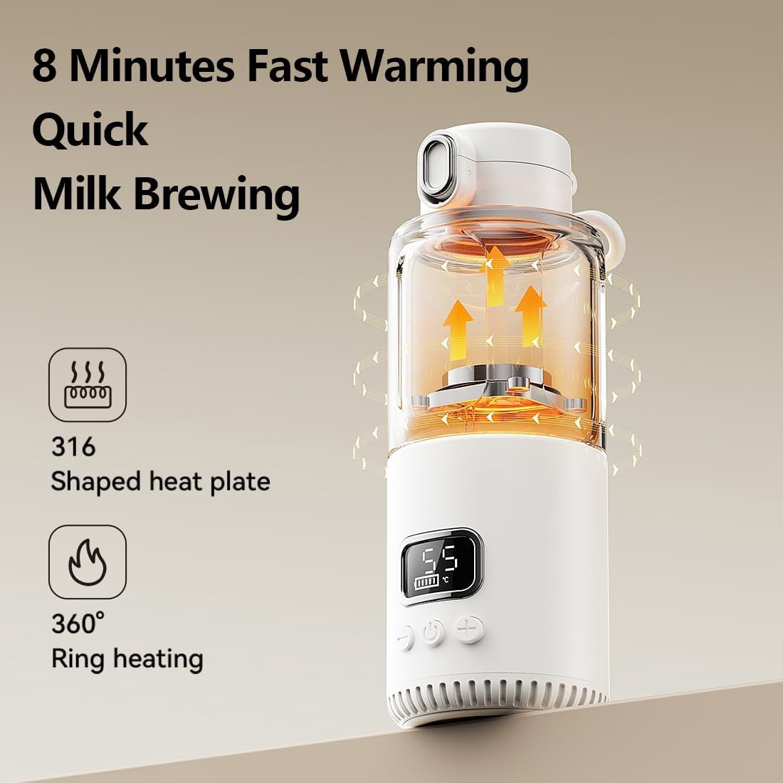 Temperature Control Milk Warmer,Portable Heating Cup with LCD Display 37°C-55°C Water Warmer for Instant breastmilk, Formula with 12 Ounces Big Capacity