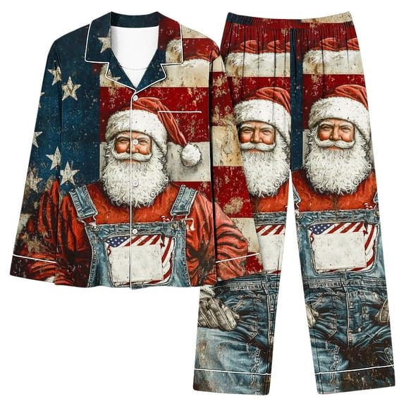 asdoklhq Flannel Pajamas for Women Fashion Women's Christmas Printed Long Sleeve Lapel Button Pocket Elastic Waist Pants Pajamas Set Red 3X