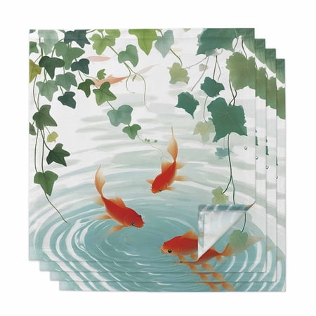 Japanese Carp Fish Cloth Napkins, Oriental Art Rustic Leaves Vines Koi Fish Washable and Reusable Dinner Napkins Set of 4, Table Napkin for Kitchen Party Birthday Wedding Hotel Housewarming 20"x20"
