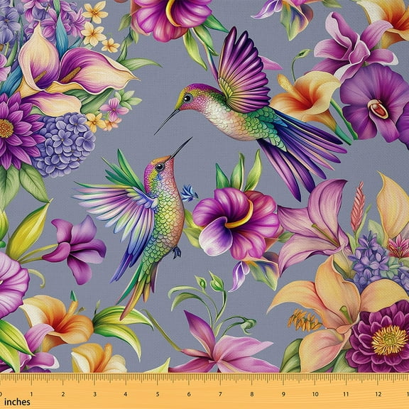 jejeloiu Hummingbird Fabric by the Yard 1 Yard,Hydrangea Lily Flower Home Decor Fabric by the Yard,Purple Floral Sewing Fabric For Girls Boys,Ultra Soft Home Decor