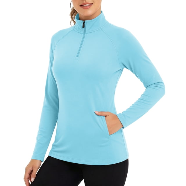 Uootdi Chandails de Sport à Manches Longues pour Femmes UPF 50+ Protection Solaire, Quart de Fermeture Éclair, Col Montant, Randonnée en Plein Air, Légers, Séchage Rapide, Coupe Ajustée, Cadeau