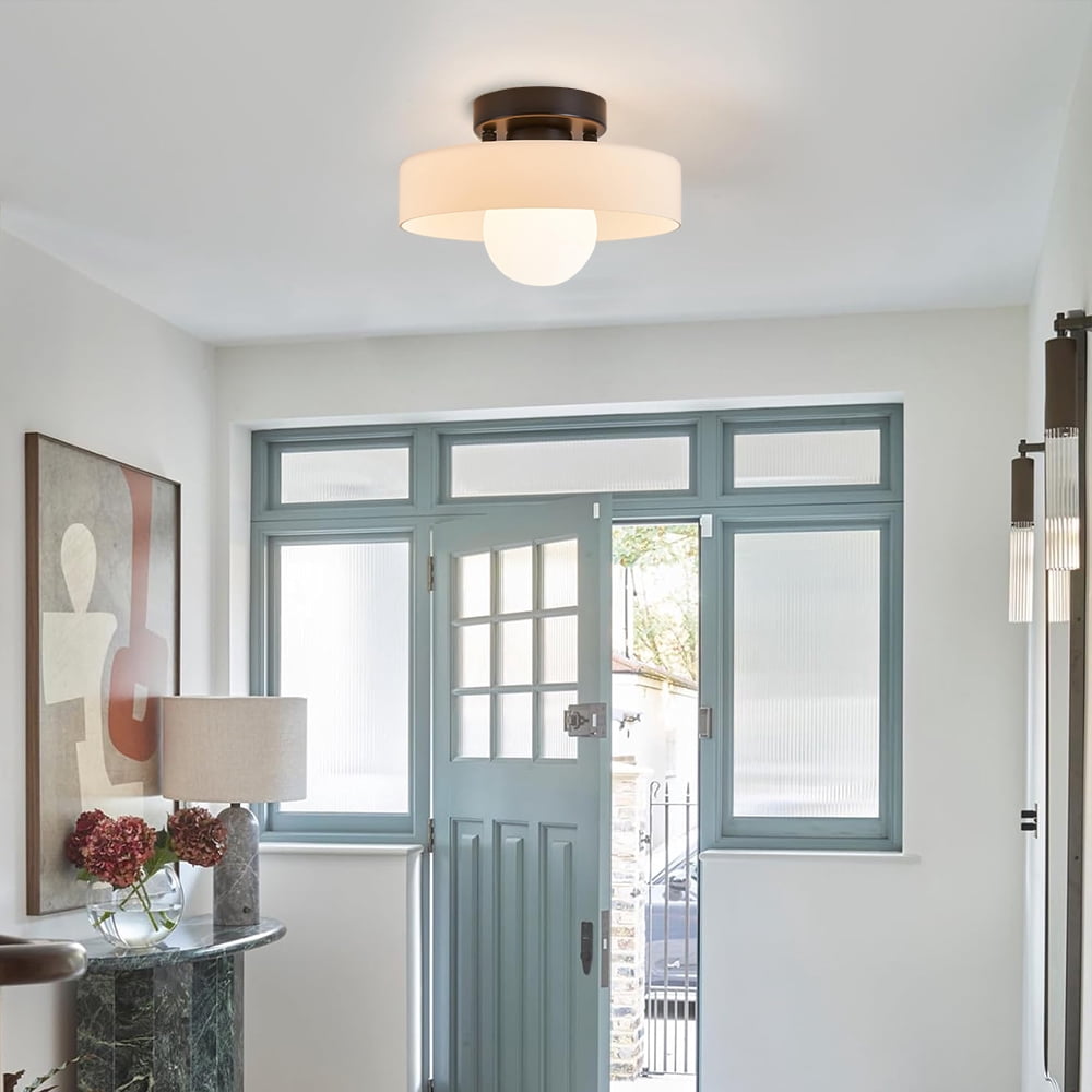 Mid-Century Modern Semi Flush Mount Ceiling Light, Kitchen Ceiling Light Fixture with Glass Shade,Vintage Close to Ceiling Lamp for Entryway Hallway Bathroom
