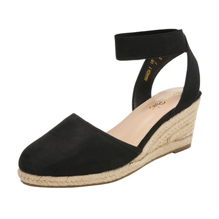 Dream Pairs Women's Comfort Elastic Ankle Strap Shoes Espadrilles Wedge Sandals Amanda-1 Black Size 8.5