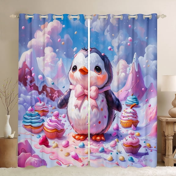 jejeloiu Cartoon Antarctic Penguin Curtains and Drapes,Wild Animal Black Out Curtains,Rainbow Ice Cream Curtains Pack of 2 (52x63 Each) For Girls Teens,Microfiber Bedroom Decor